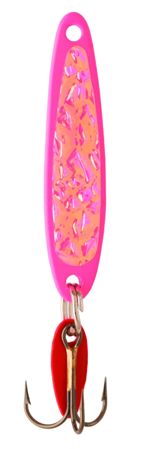 Bay De Noc 3PINKICE Swedish Pimple Jig close-up on crushed ice for ice fishing