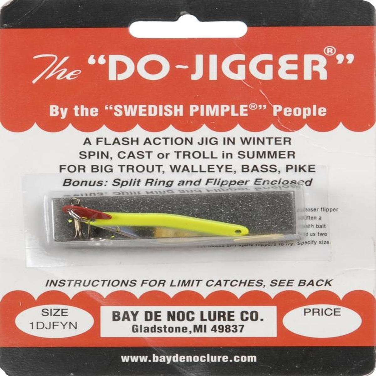 Bay De Noc Do-Jigger ice fishing lure with fluorescent yellow and nickel finish, ready for winter fishing