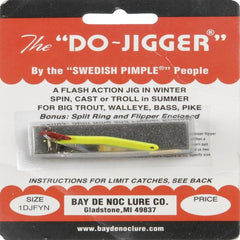 Bay De Noc Do-Jigger ice fishing lure with fluorescent yellow and nickel finish, ready for winter fishing