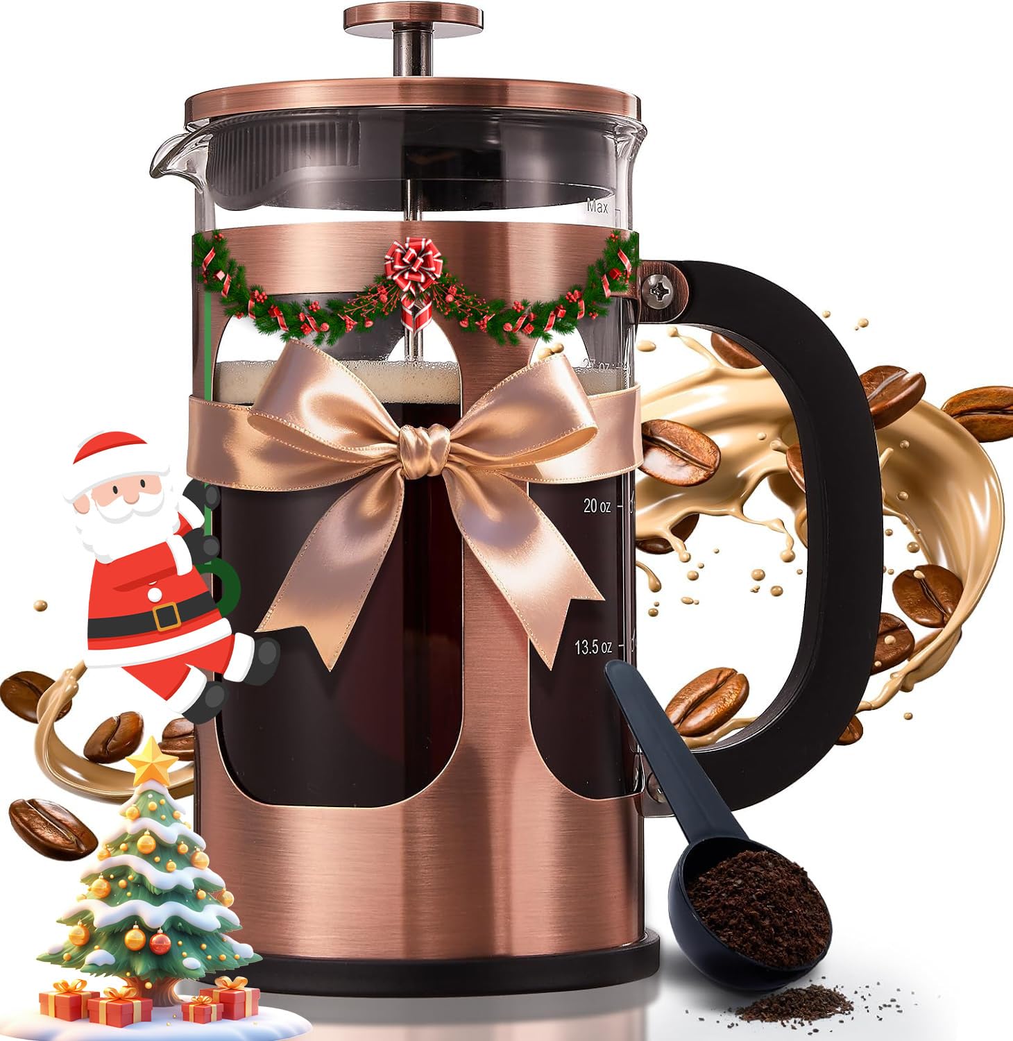 Bayka 34oz French press copper finish with durable borosilicate glass for rich coffee.