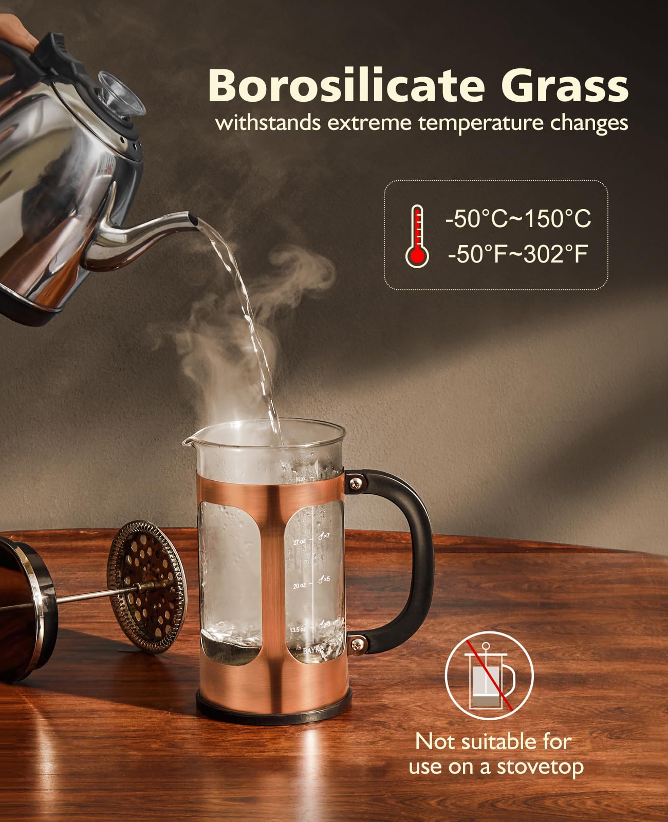 Bayka 4-level filtration system demonstrates smooth, sediment-free coffee.