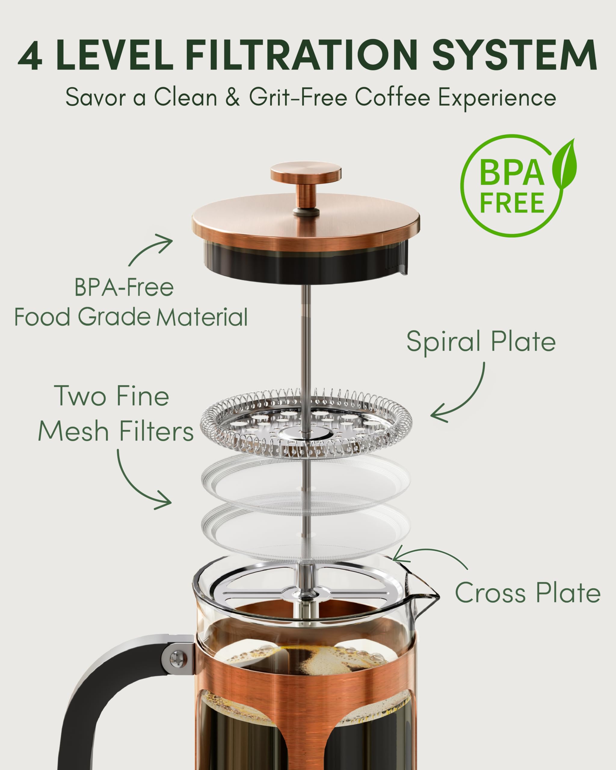 Bayka stainless steel plunger and filter components for easy disassembly and cleaning.