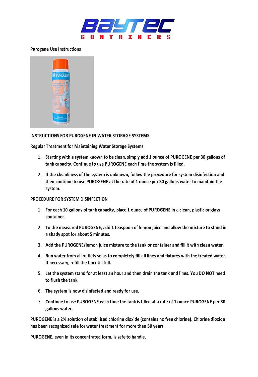 BayTec Purogene odor-control action helps stored water stay fresh