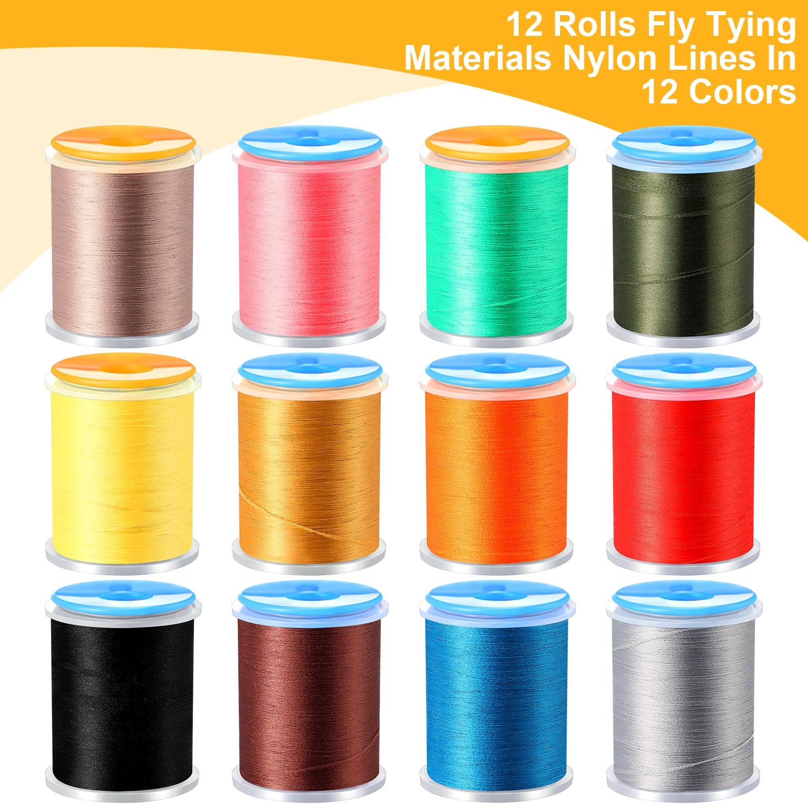 Close-up of 12 color nylon fly tying threads