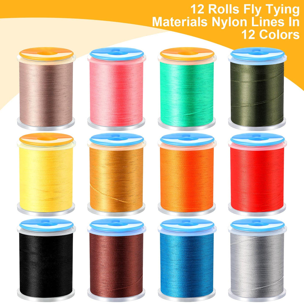 Close-up of 12 color nylon fly tying threads
