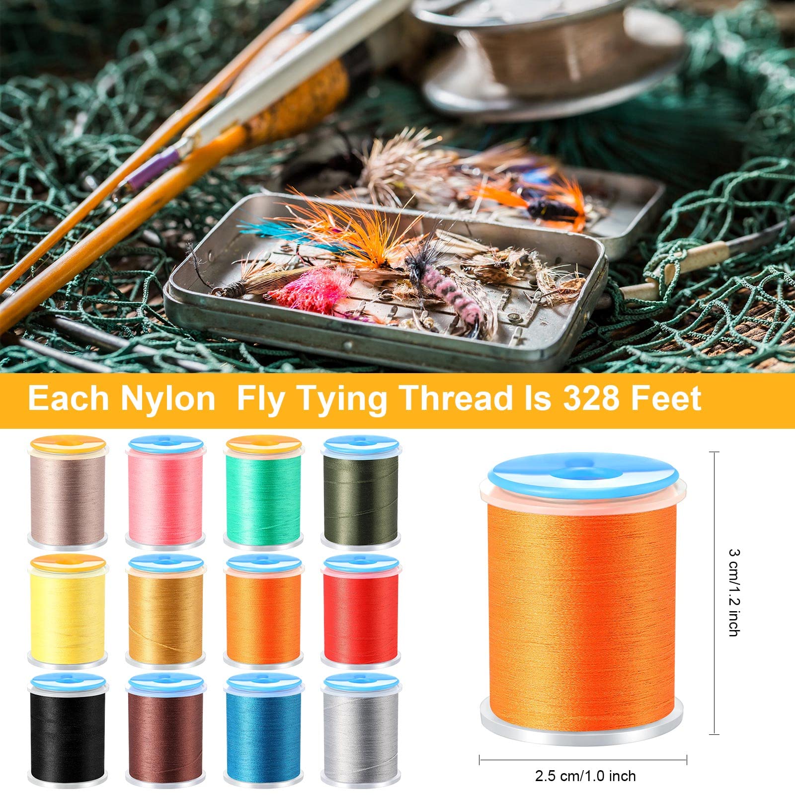 Gold, orange and green nylon threads for fly tying
