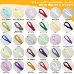 Assorted colors of plastic fly tying materials ready for tying