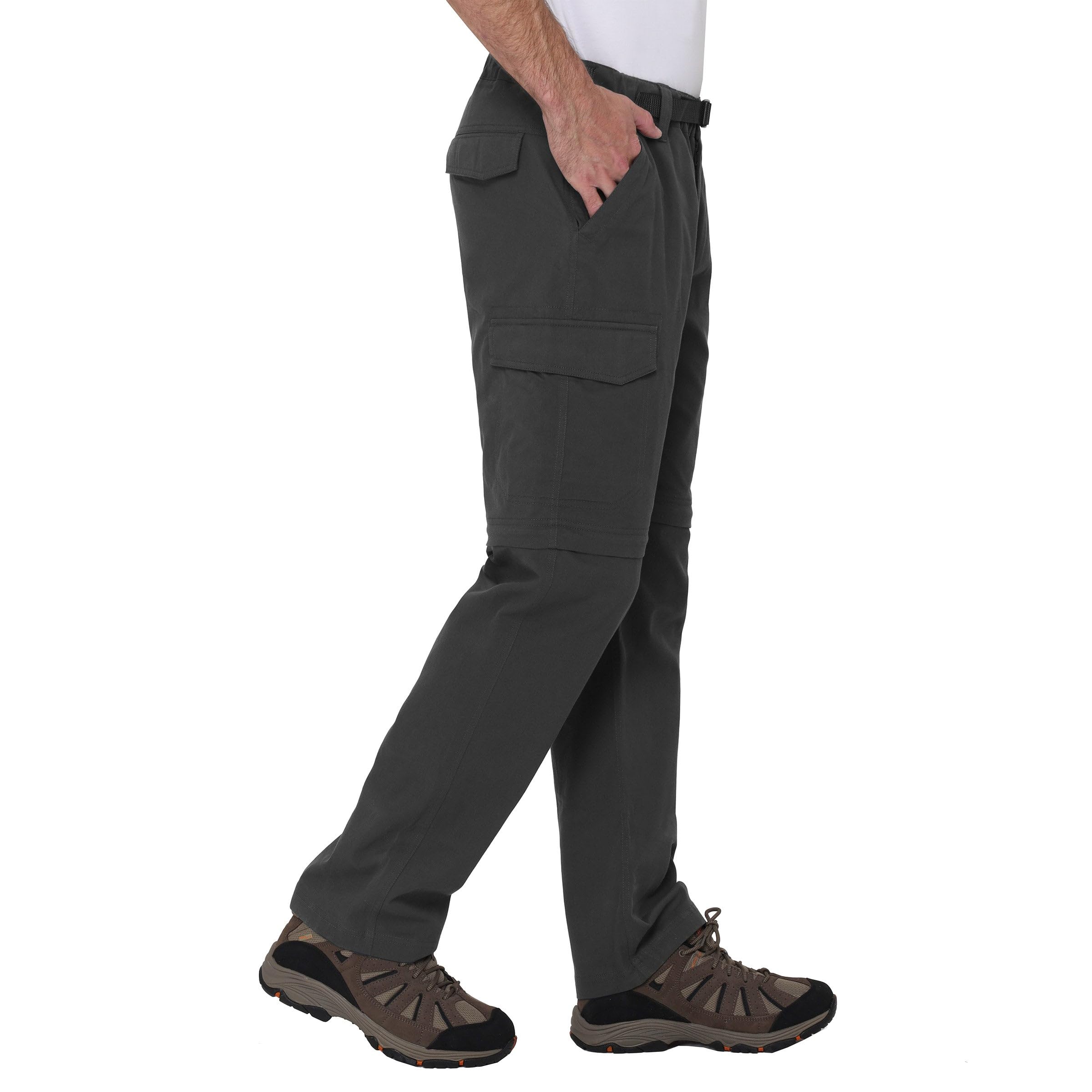 BC Clothing hiking convertible pants gray adjustable ankle zip demonstrates quick conversion