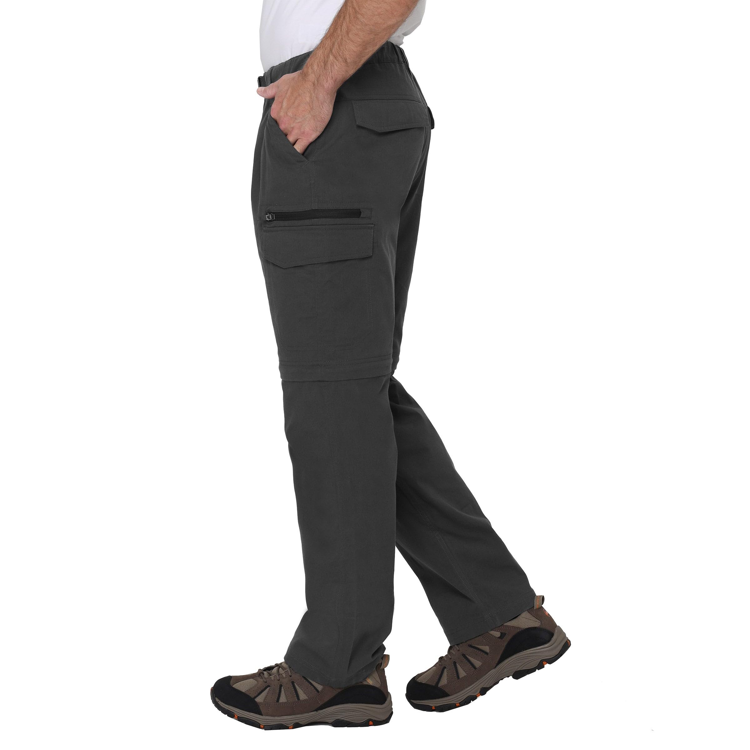 BC Clothing hiking convertible pants gray side pocket closeup highlights secure storage on hikes