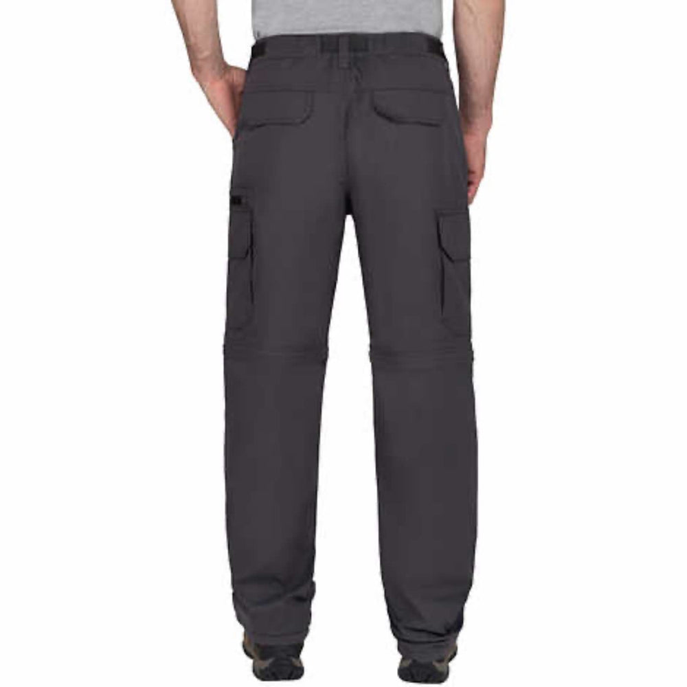 BC Clothing cargo pants side view shows hidden zipper converts to shorts