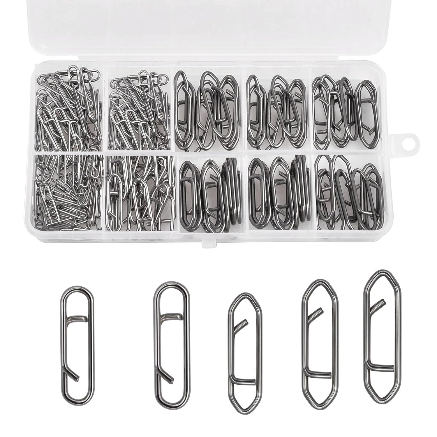 Close-up of stainless steel fishing power clips