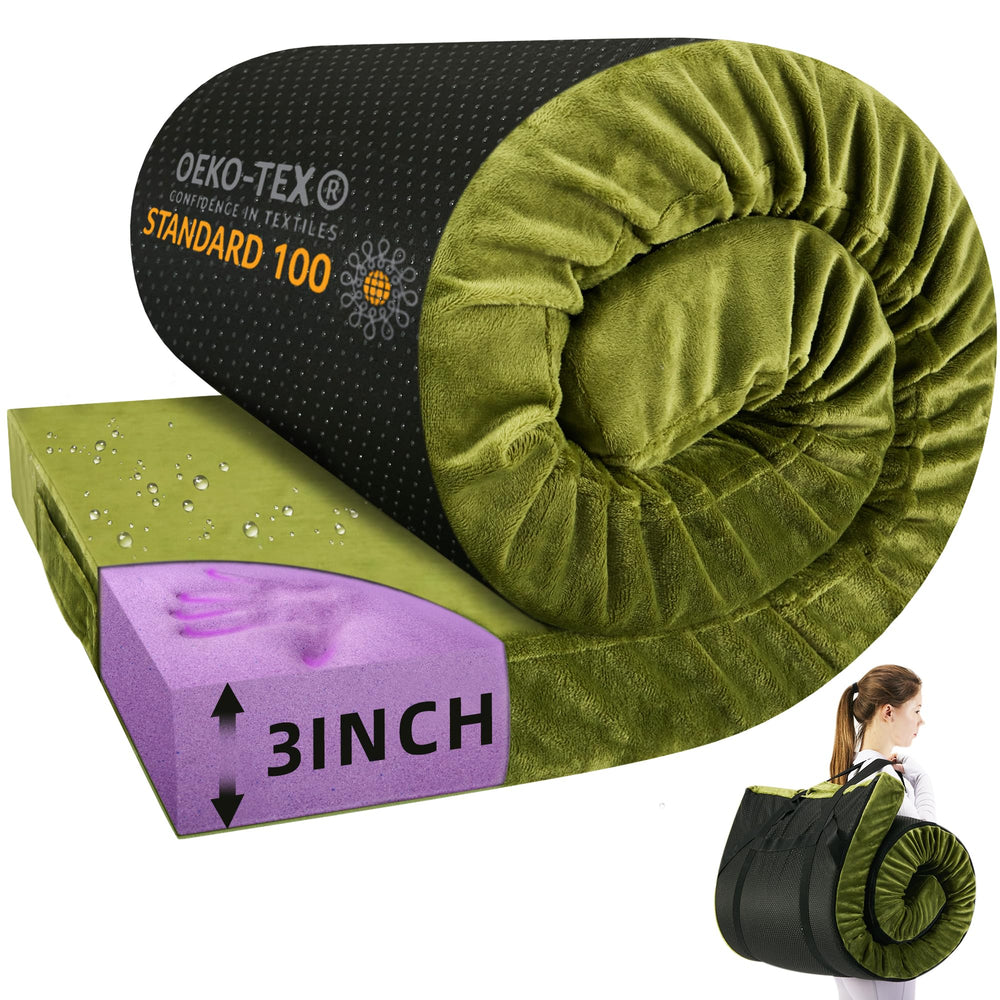 BDEUS memory foam camping mattress pad on a cot delivers pressure-free comfort.