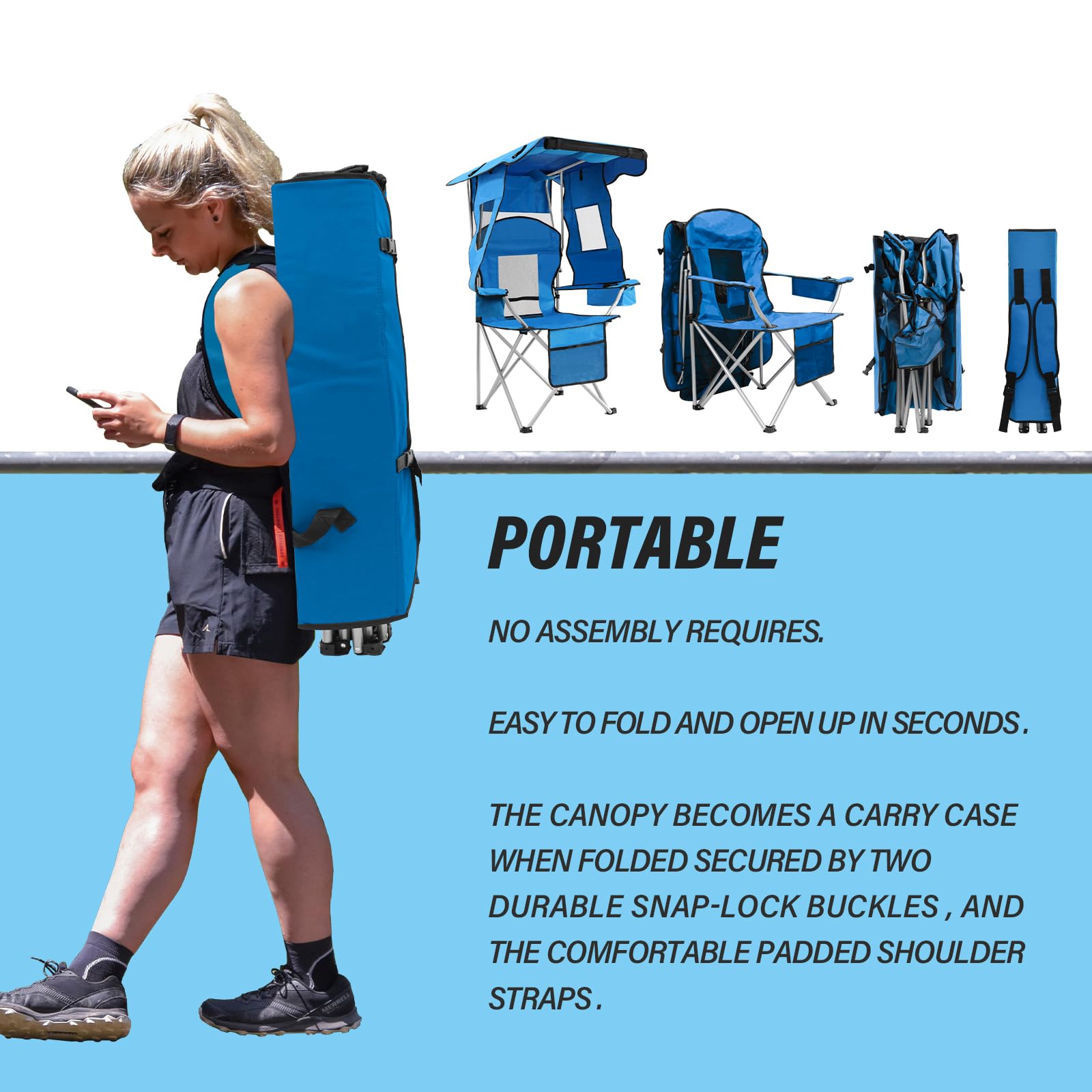 BDL camping chair with canopy shade folded is easy to carry as a backpack.