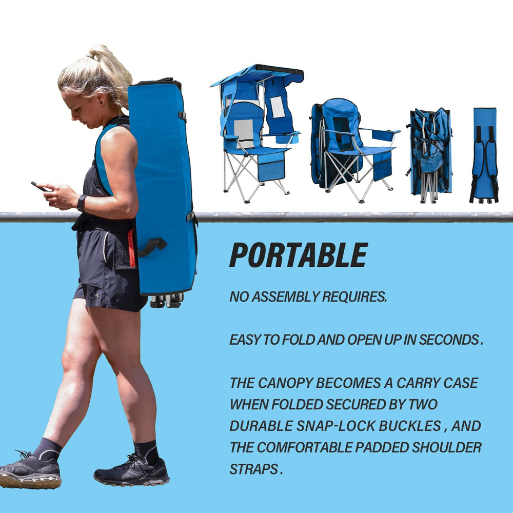 BDL camping chair with canopy shade folded is easy to carry as a backpack.