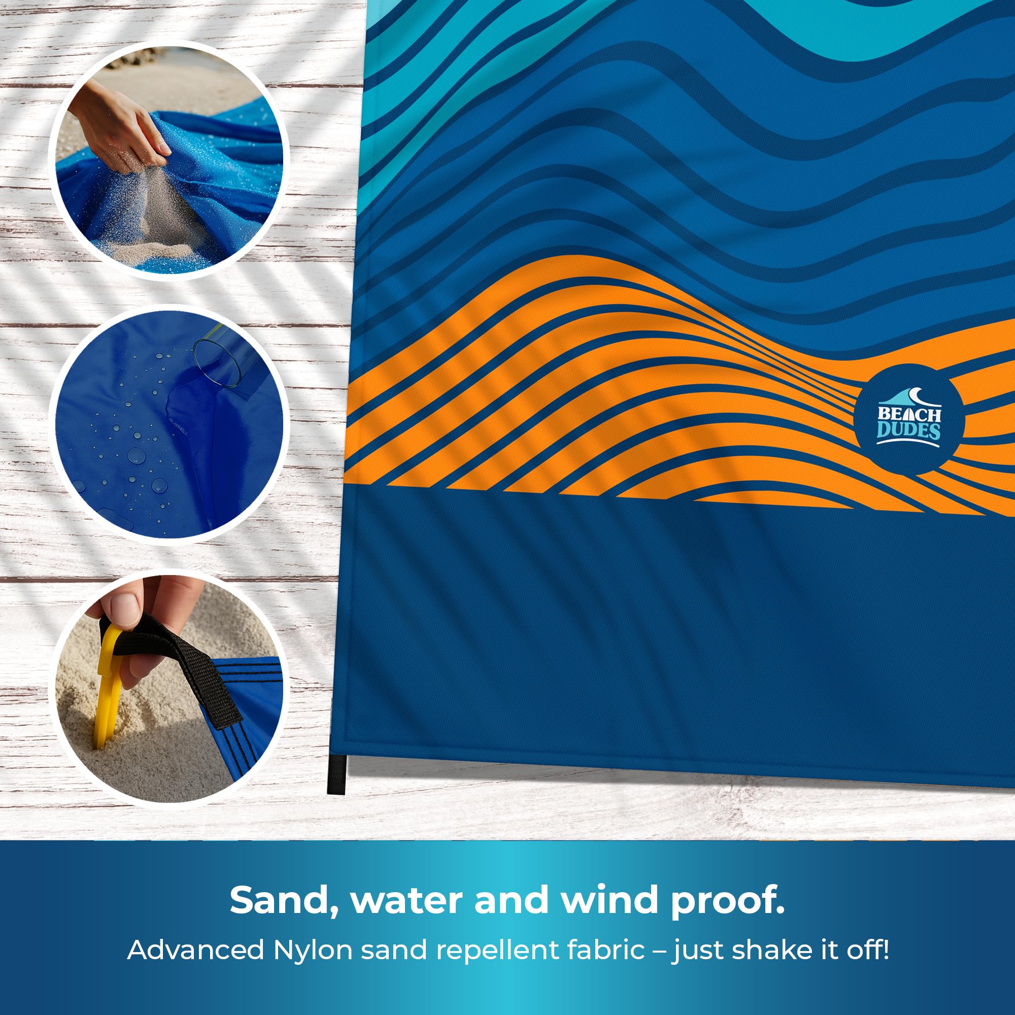 Beach Dudes Blue Waves blanket durable ripstop nylon, withstands rocks and roots.