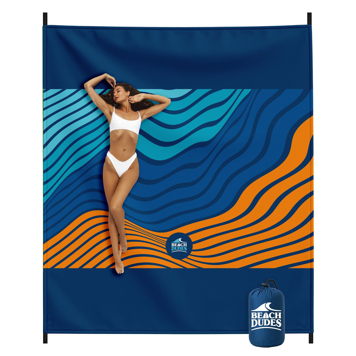 Beach Dudes Blue Waves blanket folded, ideal for compact carry and quick beach setup.
