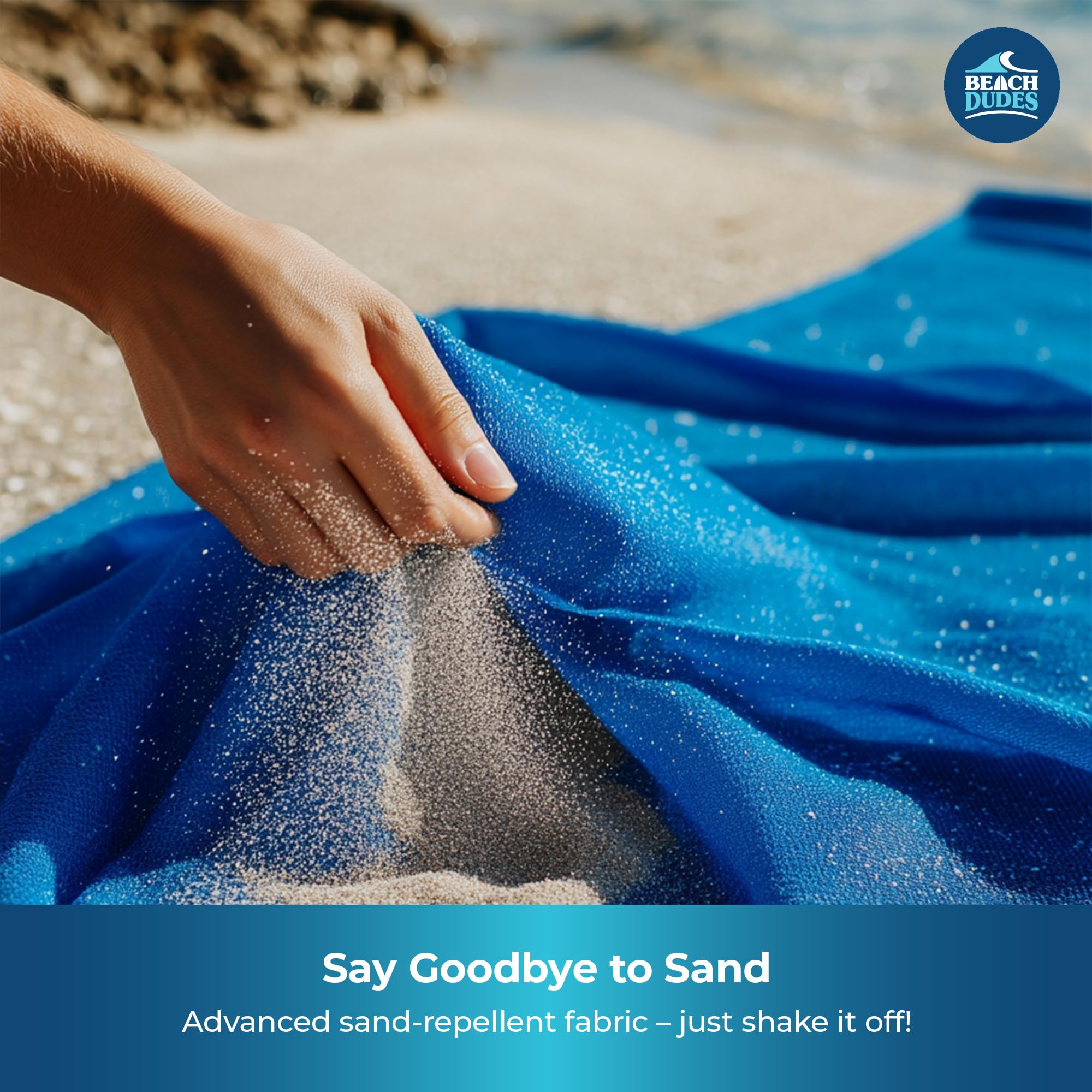 Beach Dudes Blue Waves blanket packed in pouch, ultra-portable travel-ready kit.