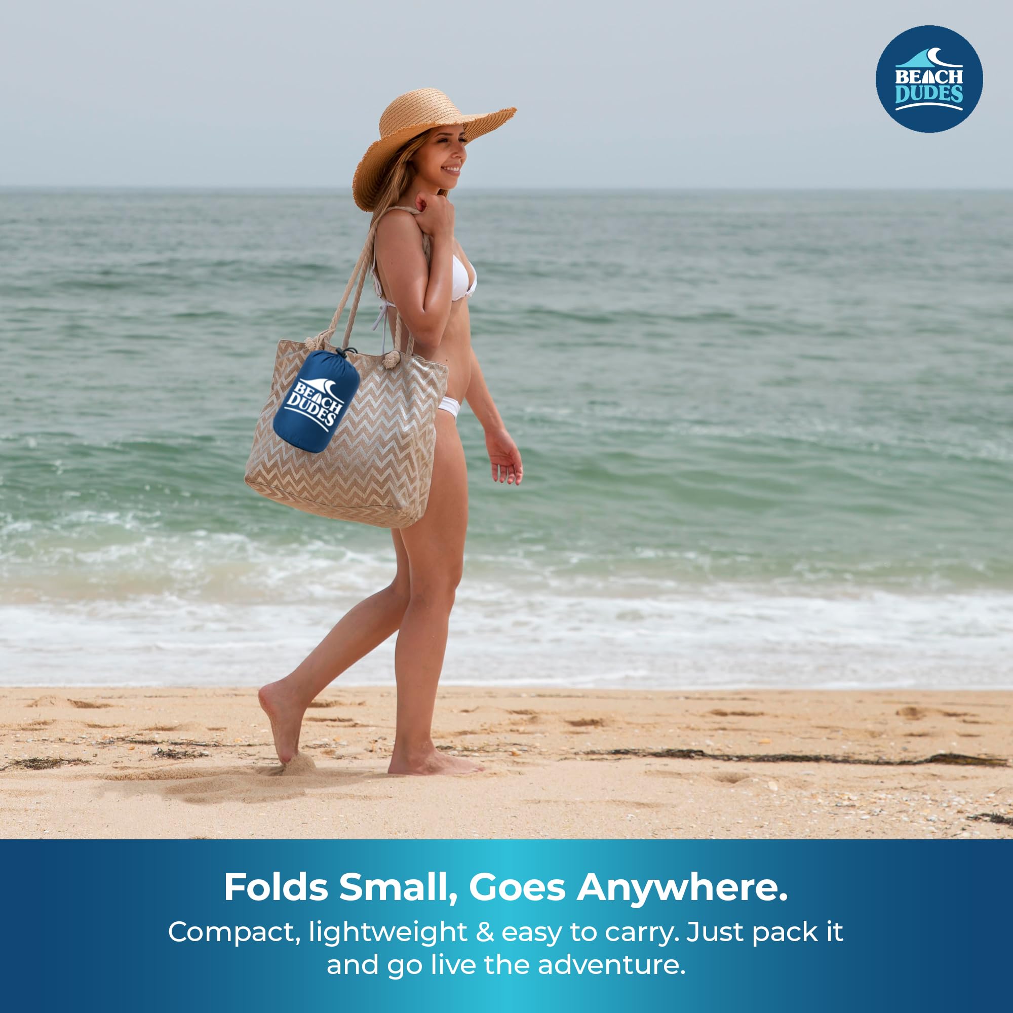 Beach Dudes Blue Waves blanket sand-repellent surface, eases cleanup at the shore.