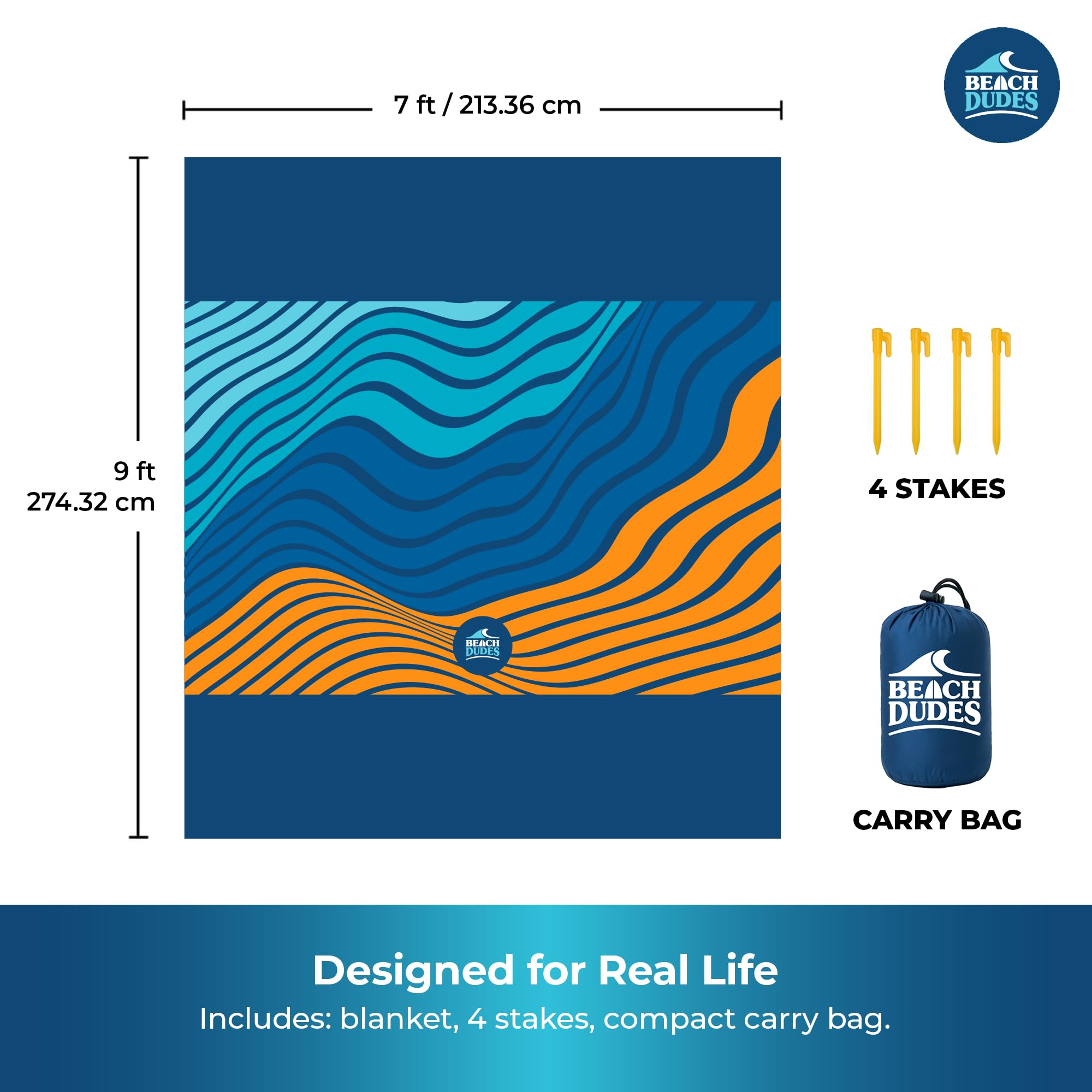 Beach Dudes Blue Waves blanket spread wide, offering family space for picnics.