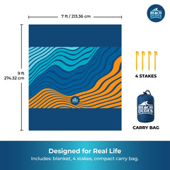 Beach Dudes Blue Waves blanket spread wide, offering family space for picnics.