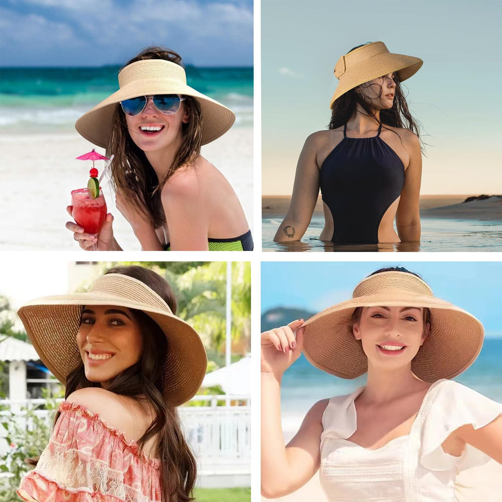 Woman wearing foldable straw sun visor hat at the beach (natural and beige)
