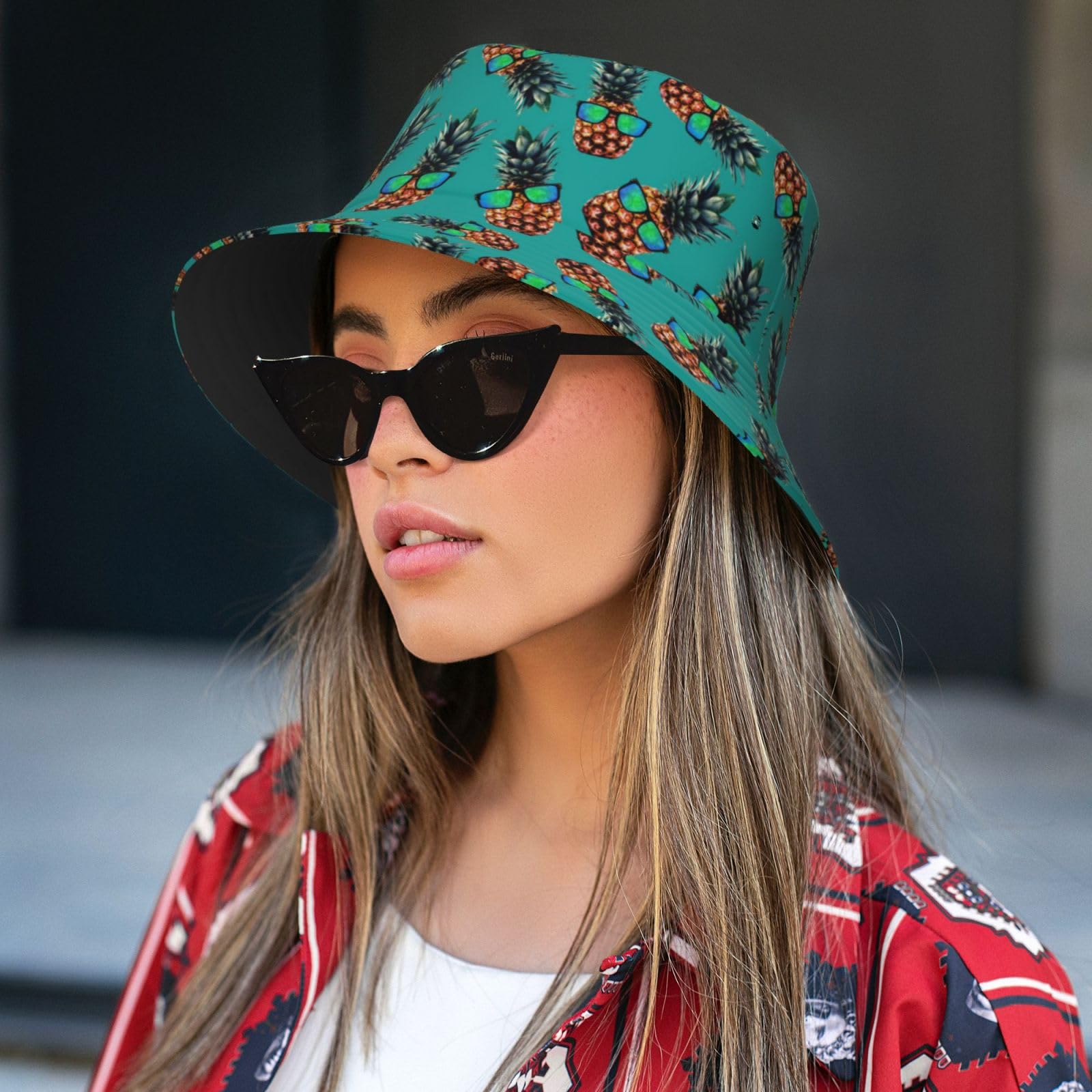 Colorful patterned bucket hat suitable for beach or hiking