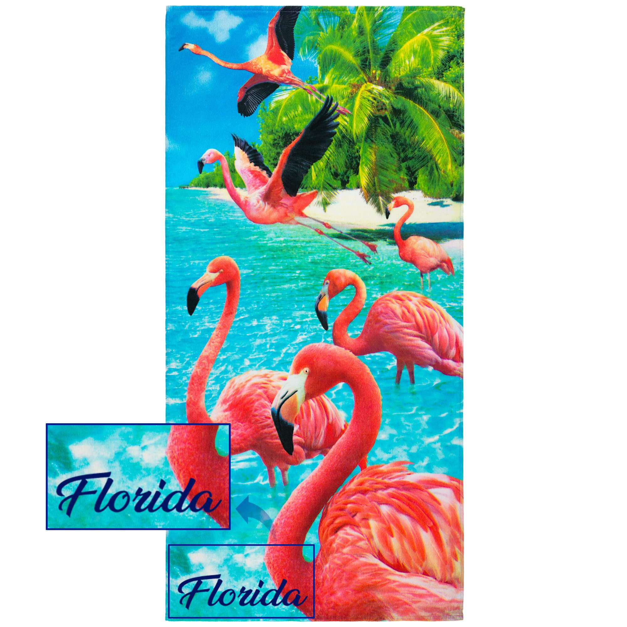 Beachland Florida Flamingo towel front velour for soft feel and quick drying