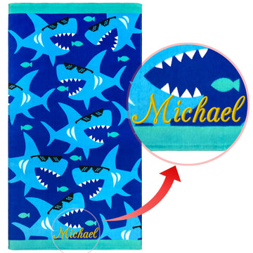 Beachland Sharks towel velour front with soft feel and vibrant print