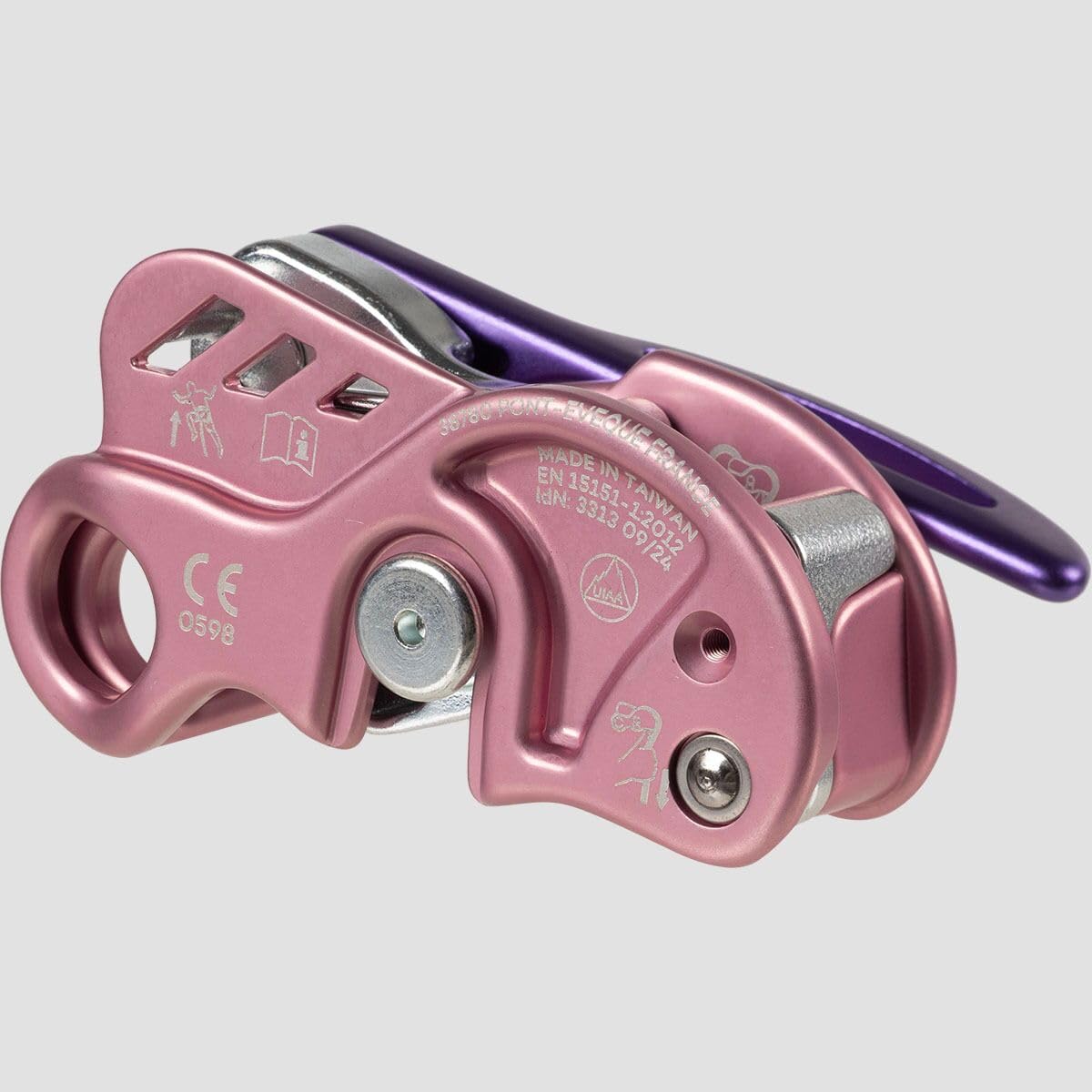 Beal Birdie belay device pink in-use demonstrates control during lead climbing