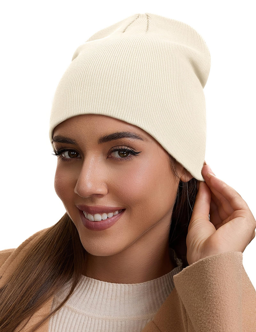 Beige beanie suitable for winter activities like skiing and hiking