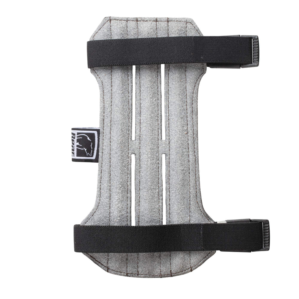 Bear Archery Adjustable Arm Guard showing secure Velcro fit for traditional bows.