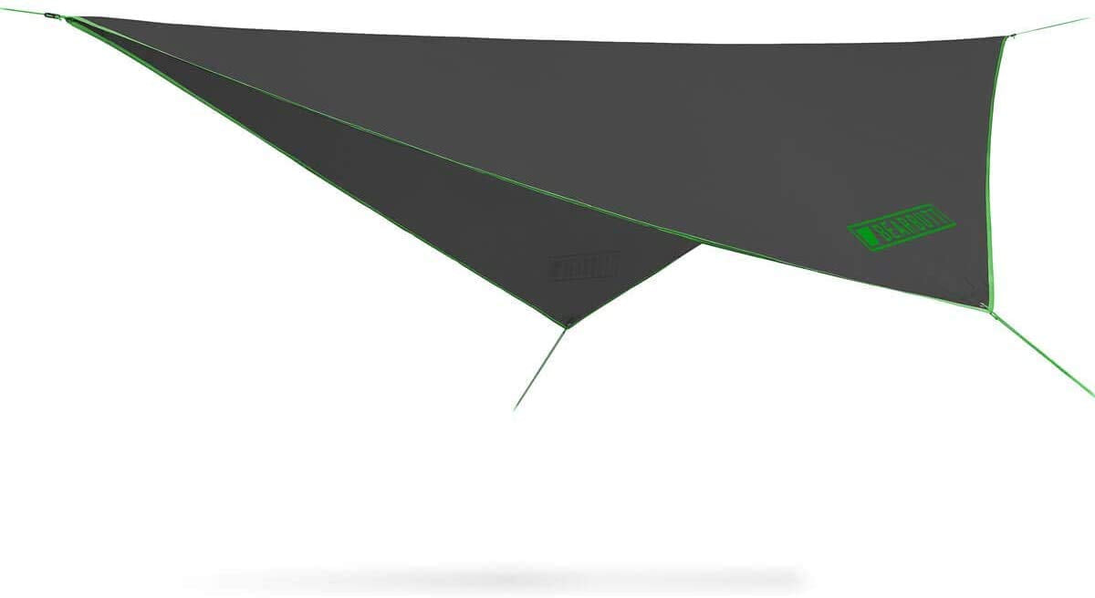 Bear Butt rain fly 11x9ft coverage demonstrates full protection during rain showers for hammocks.