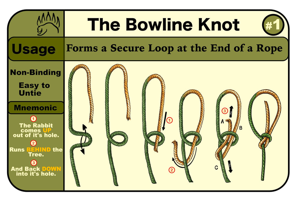 Bear Essentials knot-tie kit opened showing cards, ropes, burlap, and tin.