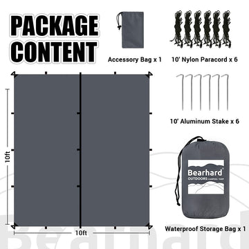 Bearhard 10x12 tarp side view highlights robust waterproof coverage for tents and shelters.