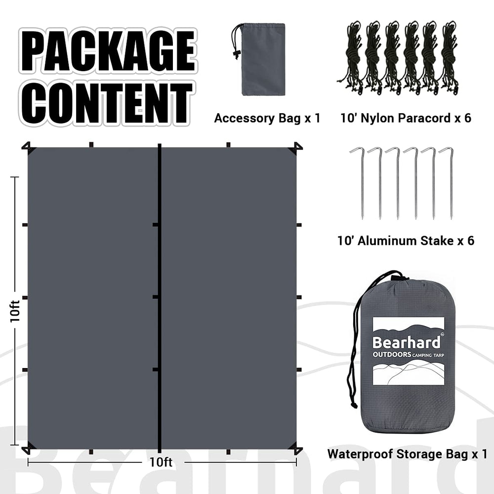 Bearhard 10x12 tarp side view highlights robust waterproof coverage for tents and shelters.