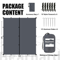 Bearhard 10x12 tarp side view highlights robust waterproof coverage for tents and shelters.