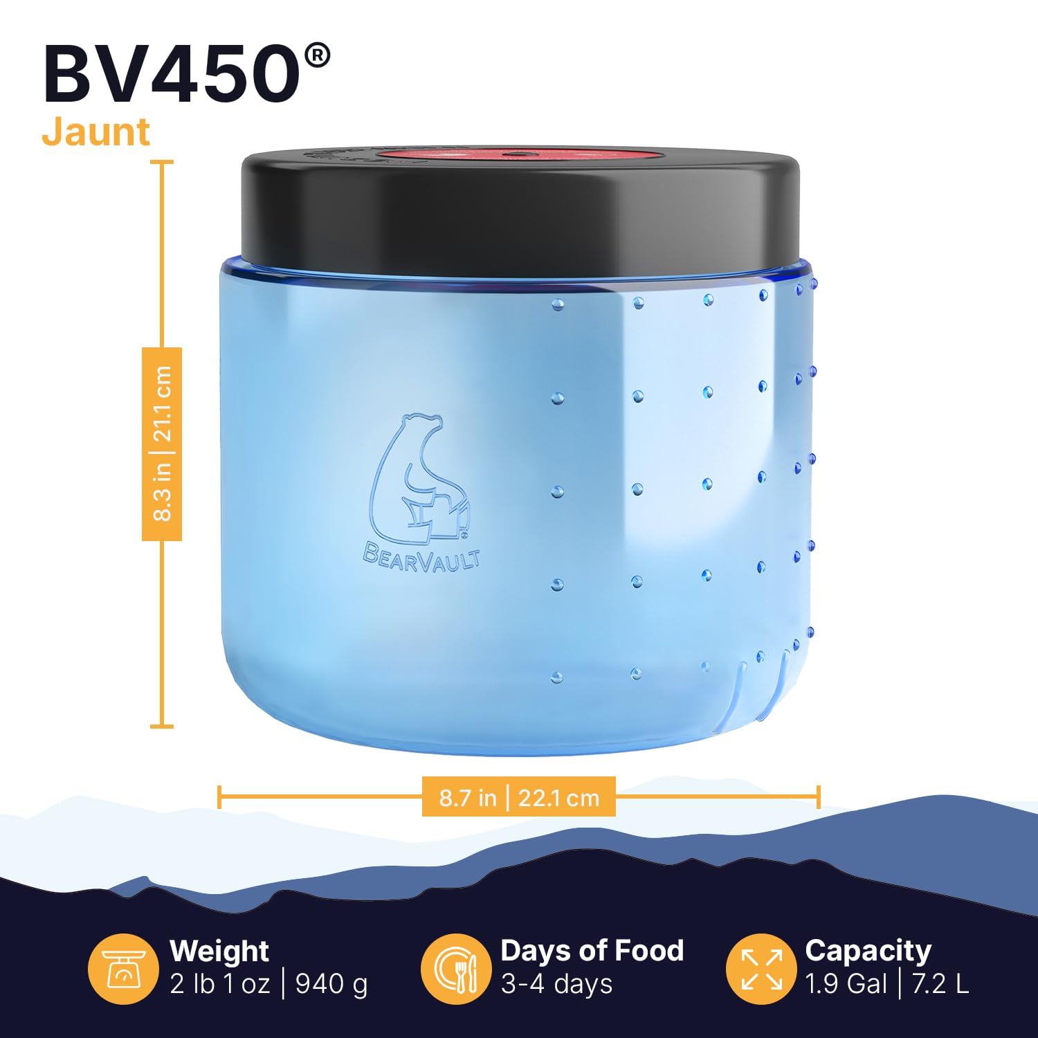 BearVault BV450 Jaunt with lid open highlights easy trail access to snacks.