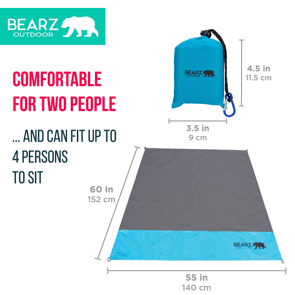 BEARZ Outdoor pocket blanket on a beach scene showing portability