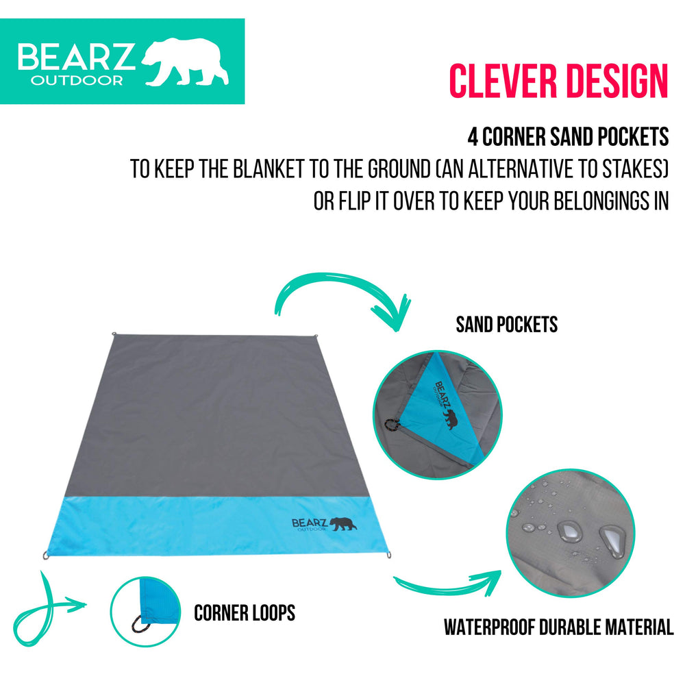 BEARZ Outdoor pocket blanket includes matching pouch and carabiners for packing
