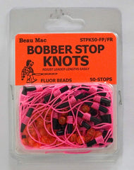 Beau Mac stop knots 50-pack with pink thread and red beads for quick rig setup