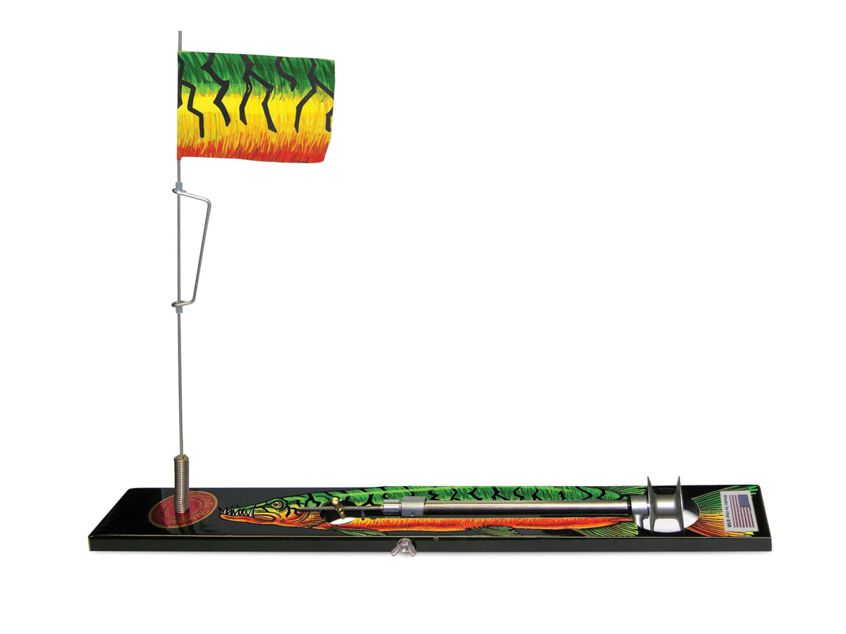 Beaver Dam Firetiger Fish Tip-Up with smooth spool for steady bait presentation.