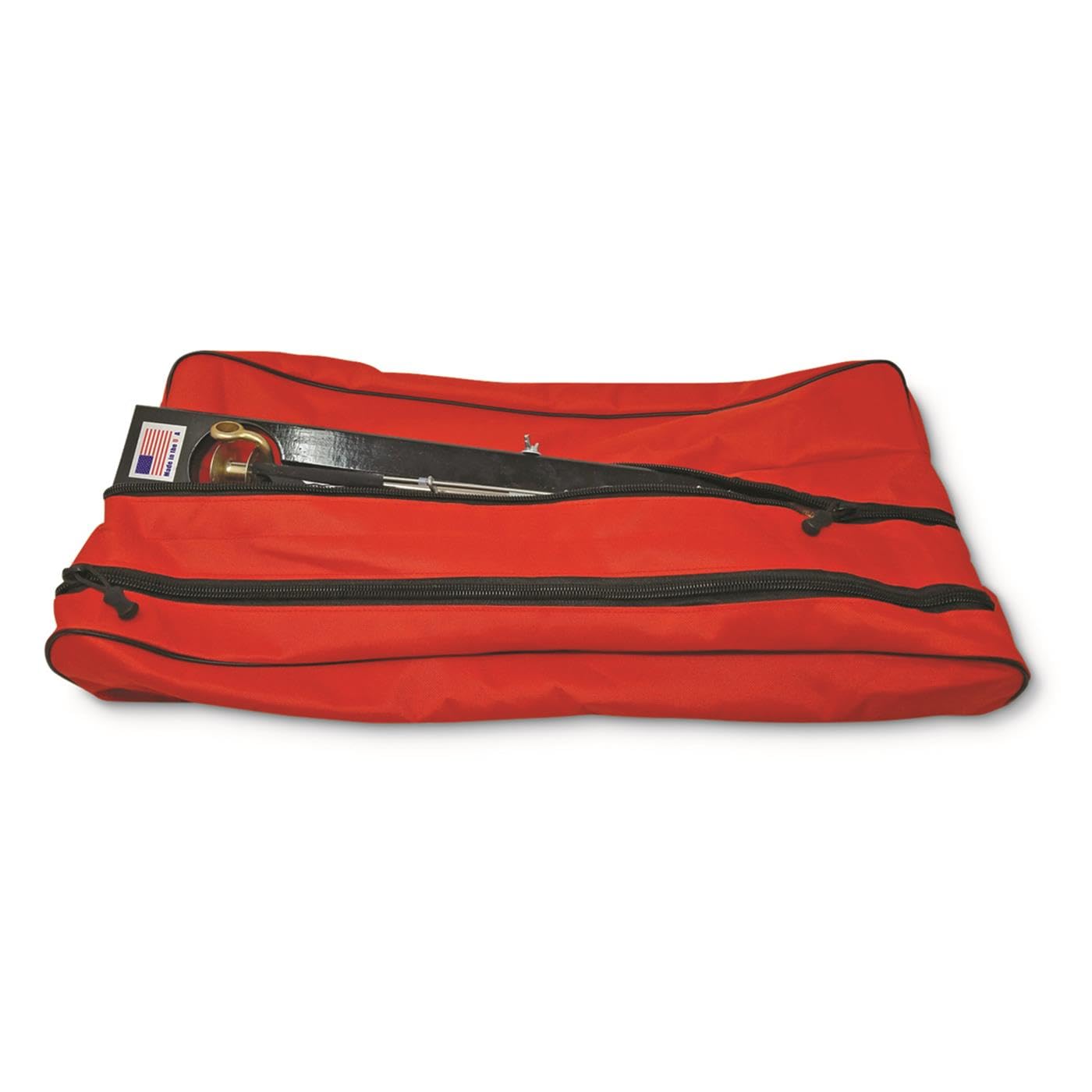 Beaver Dam tip-up carry bag interior showing compartments for tips and accessories