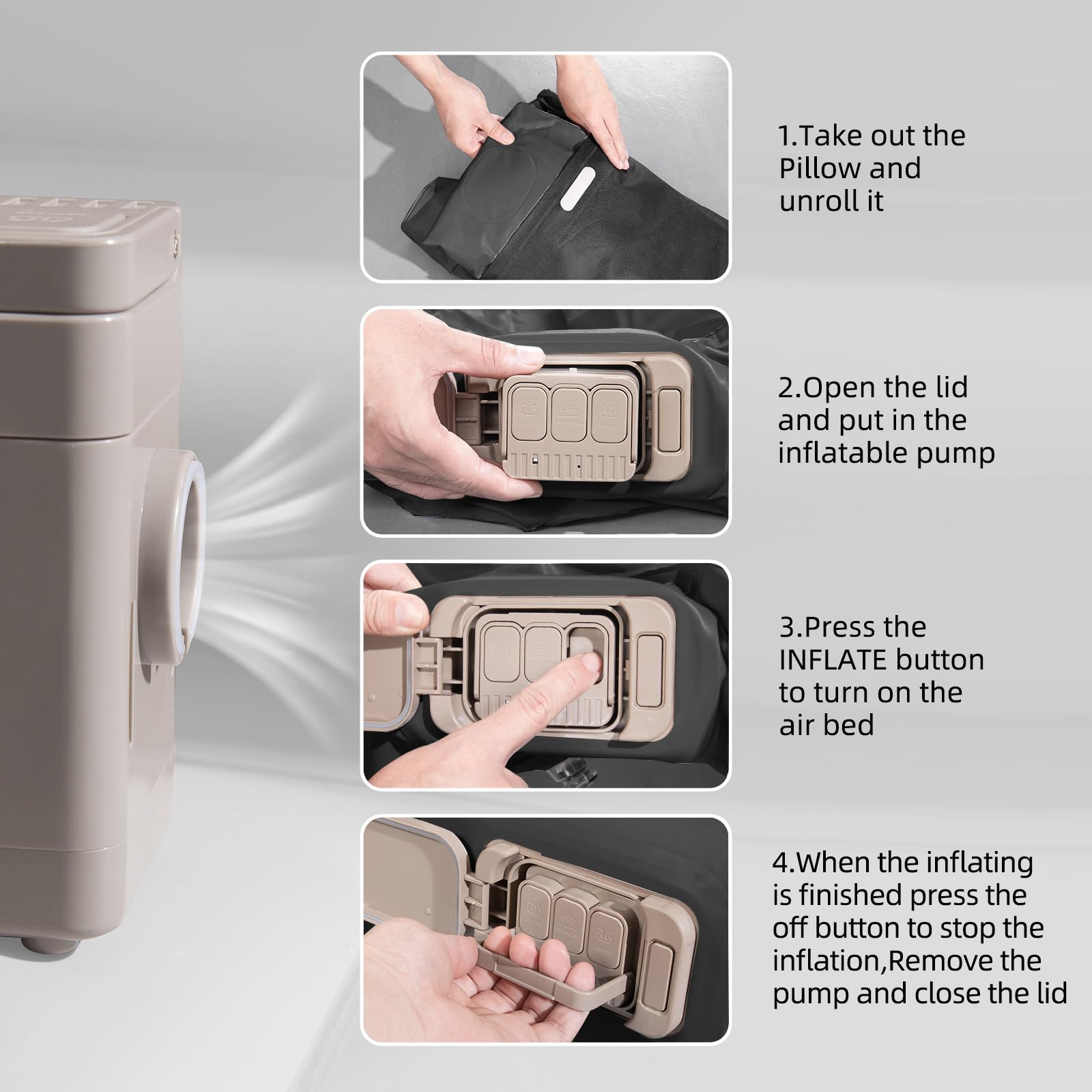 BEBAS includes pillow, USB cable, carrying bag, and repair stickers.