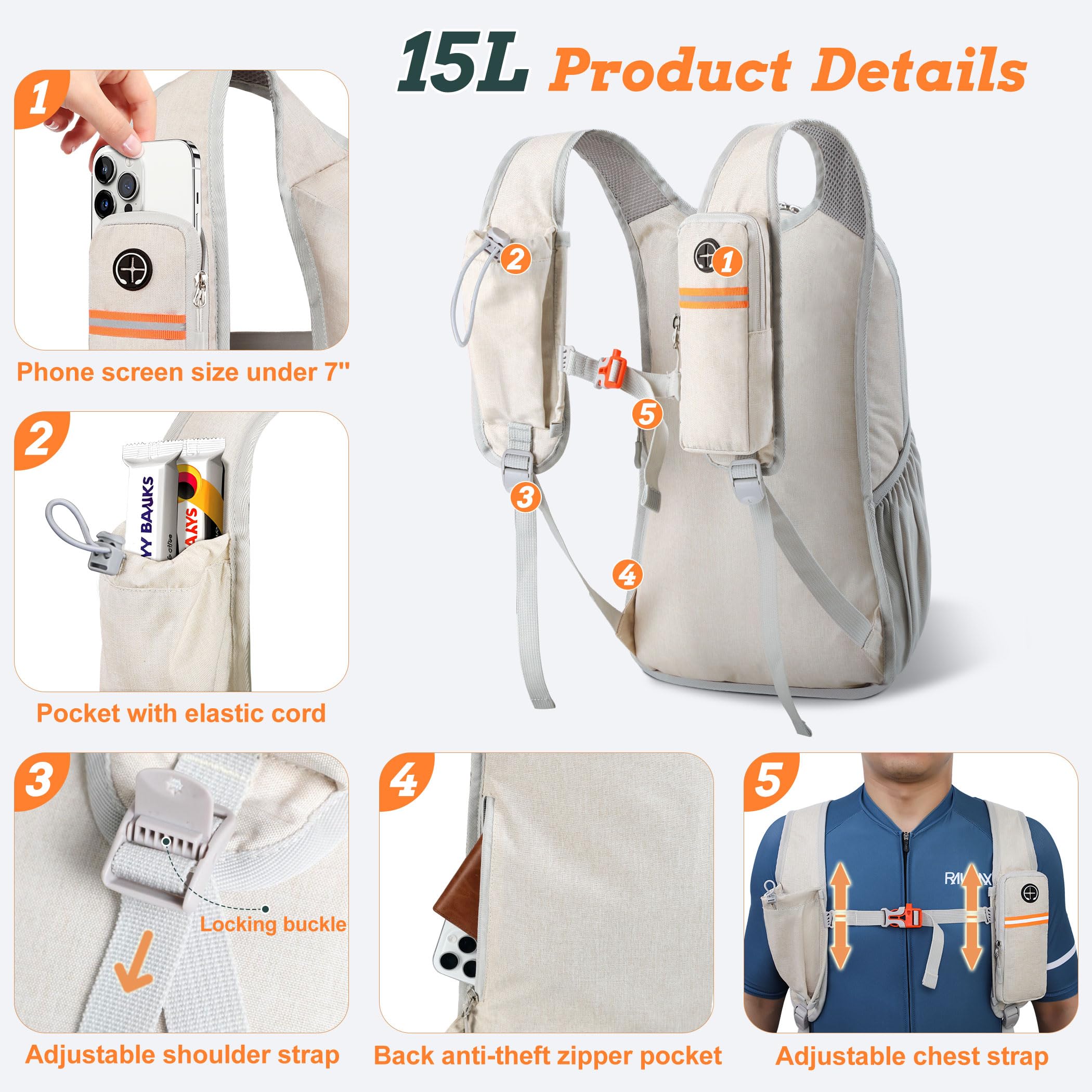 BECOJADDE 15L backpack unfolded-front view shows 15L capacity for daily adventures