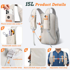 BECOJADDE 15L backpack unfolded-front view shows 15L capacity for daily adventures