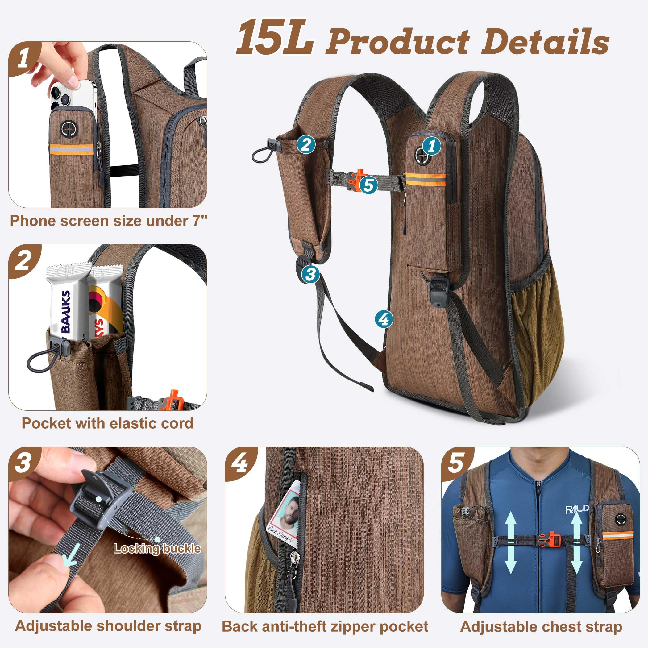 BECOJADDE 15L front pocket zippered for quick phone access during hikes