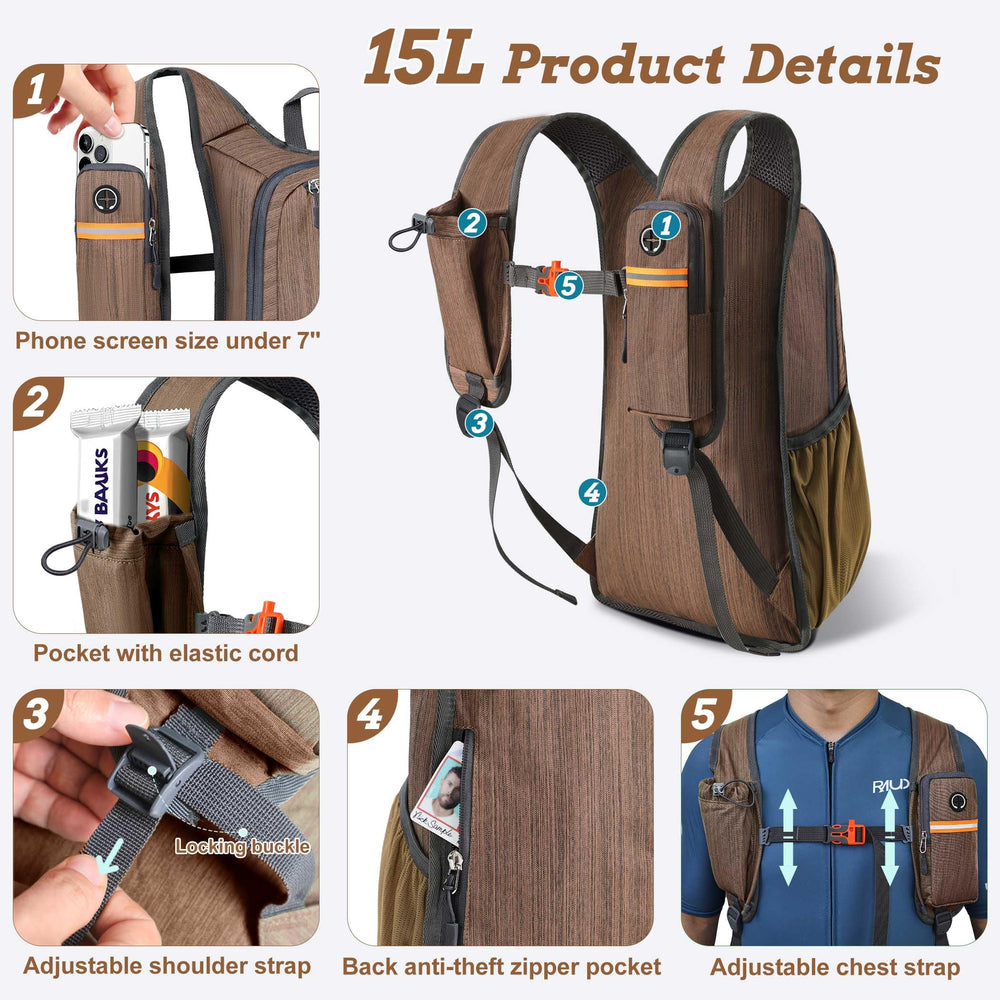BECOJADDE 15L front pocket zippered for quick phone access during hikes