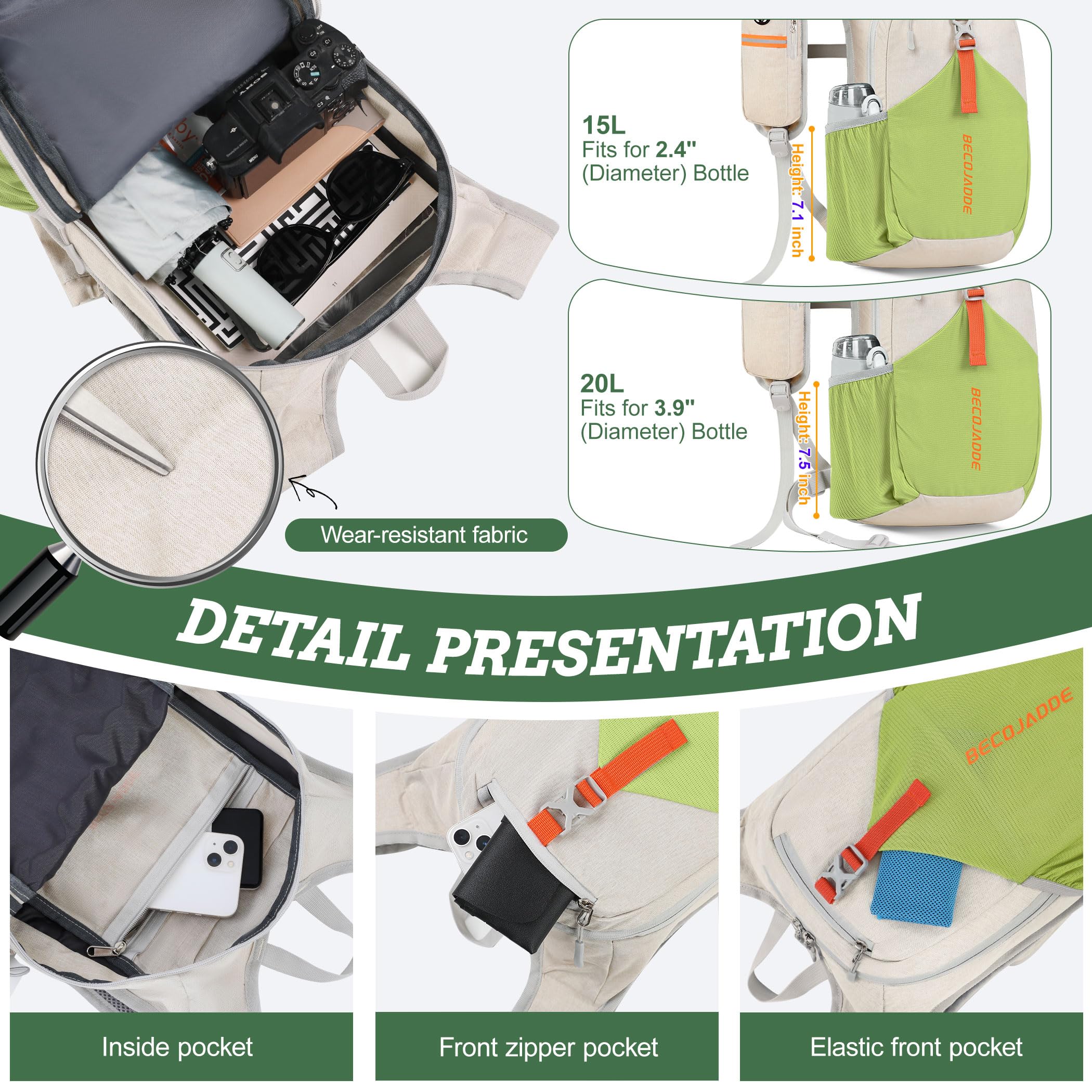 BECOJADDE 15L backpack breathable mesh strap provides comfort on long trips.