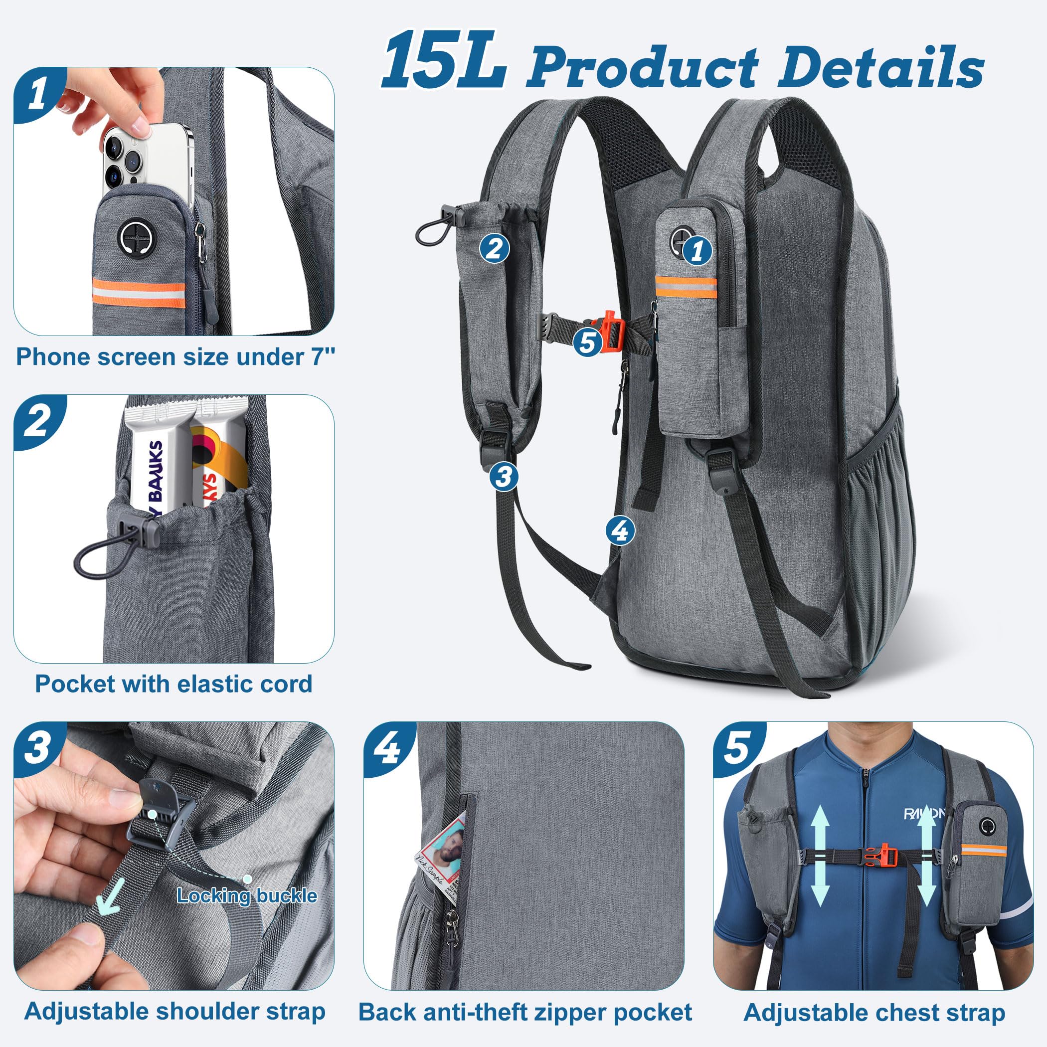 BECOJADDE 15L backpack chest belt adjustable for secure fit and whistle-ready.