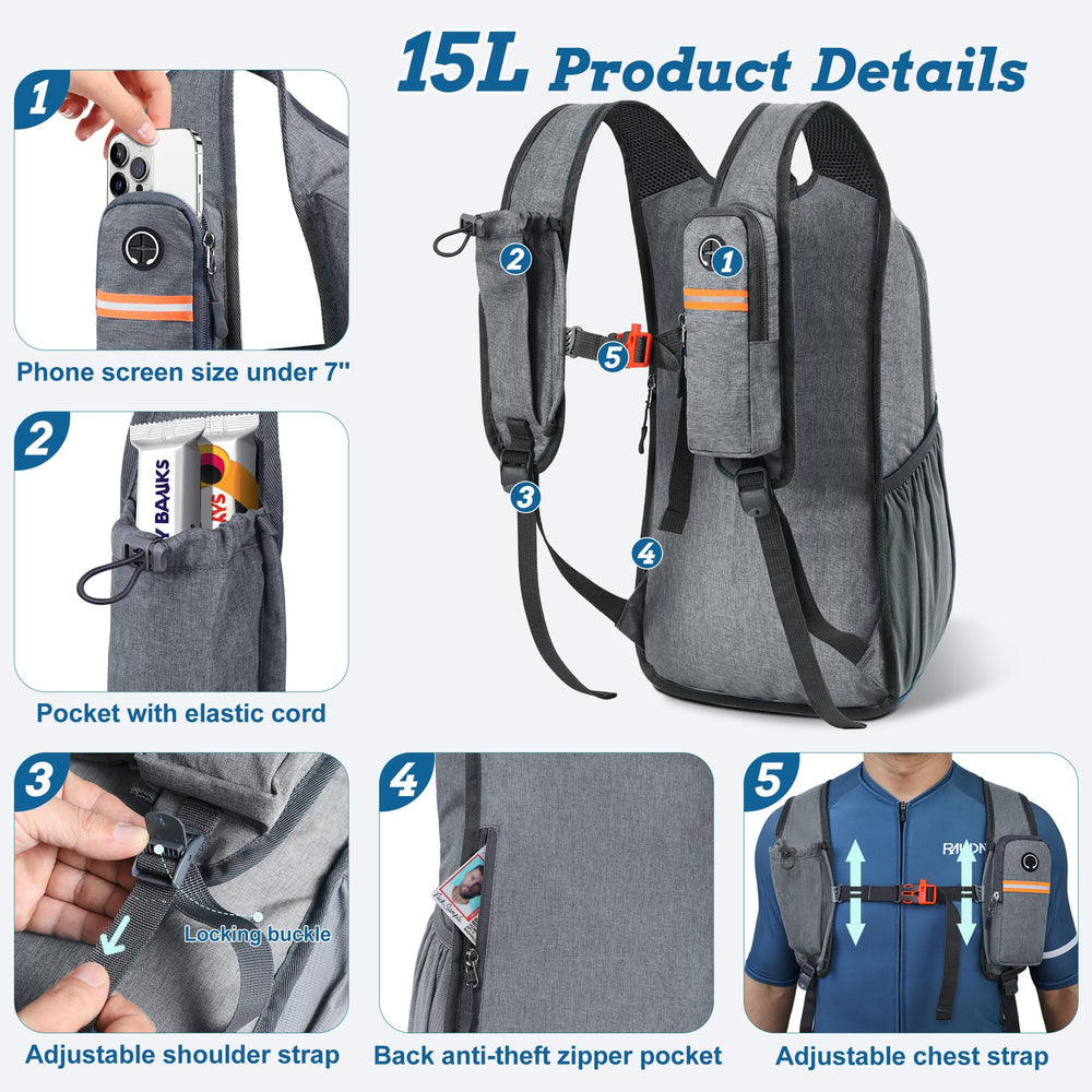 BECOJADDE 15L backpack chest belt adjustable for secure fit and whistle-ready.